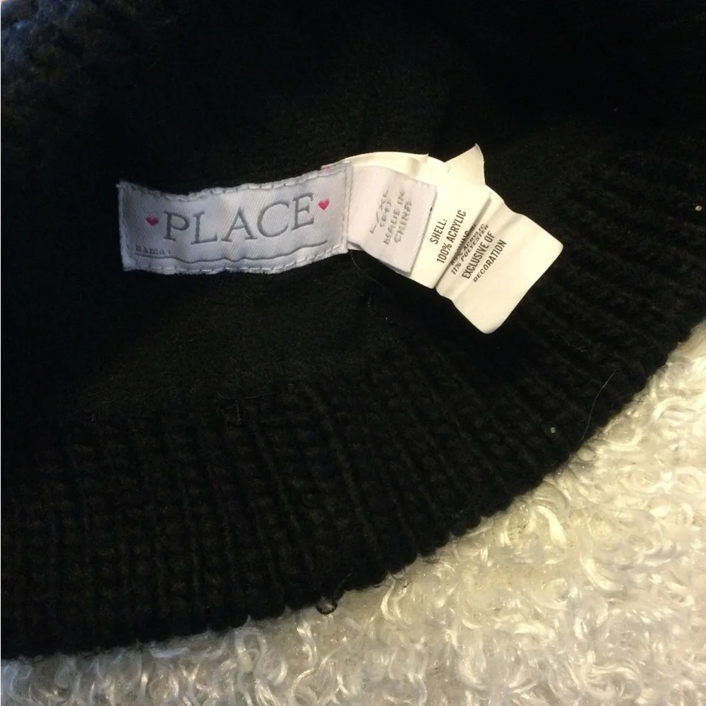 Place Black and Pink Kids Love Pom-Pom Beanie Stocking Cap Hat Tasseled